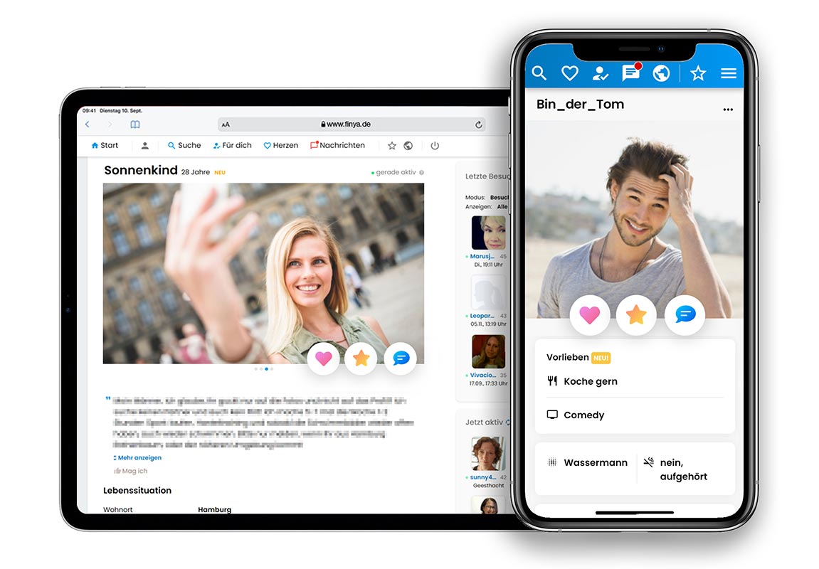 Attraktive Profile von Finya auf Tablet und Smartphone